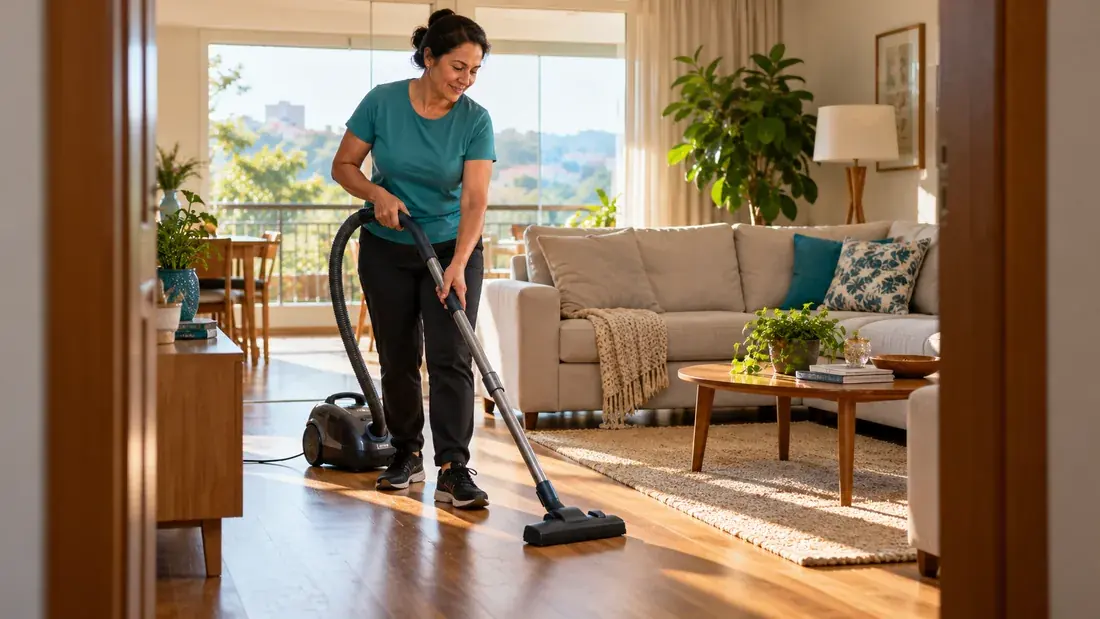 Profissional aspirando o piso de uma sala residencial