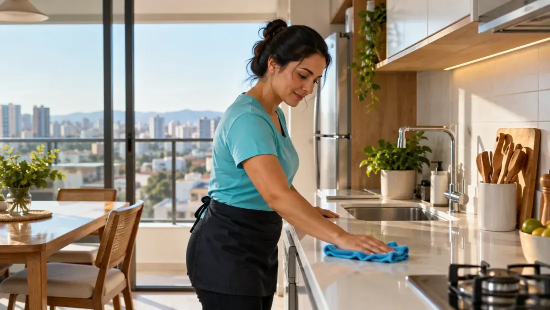 Profissional limpando a bancada da cozinha de um apartamento