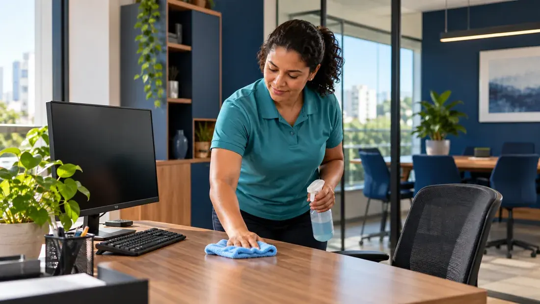 Profissional limpando a mesa de um escritório organizado